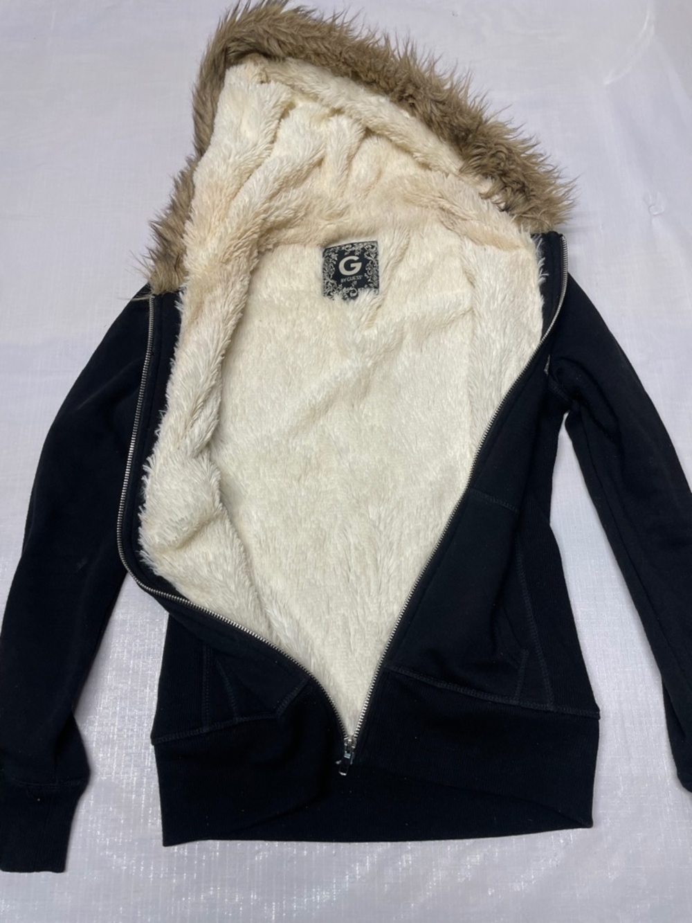 Guess Black Zip-Up Hoodie with Faux Fur Trim - Picture 3 of 6